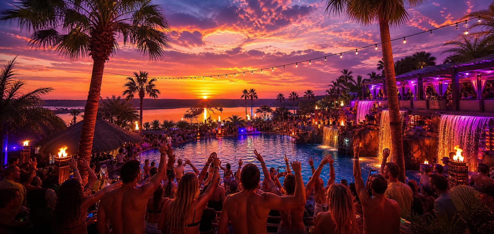Sunset pool crowd with palms, string lights and neon cabanas