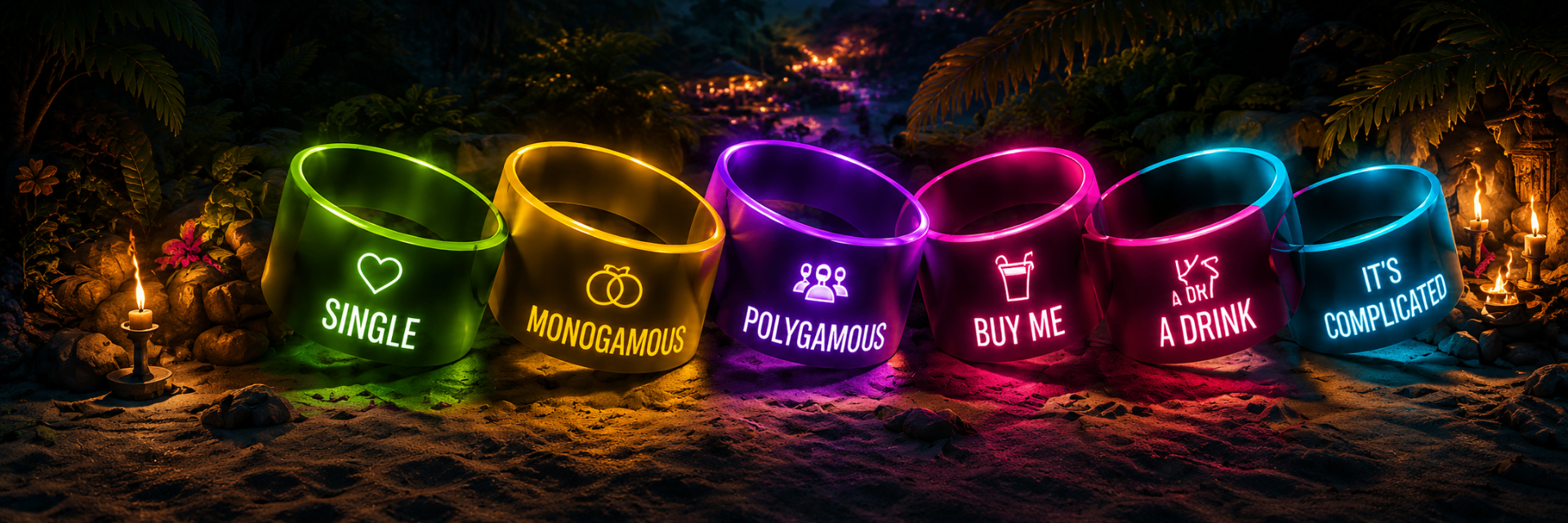 Row of glowing neon status bracelets: single, monogamous, polygamous, buy me a drink, it's complicated
